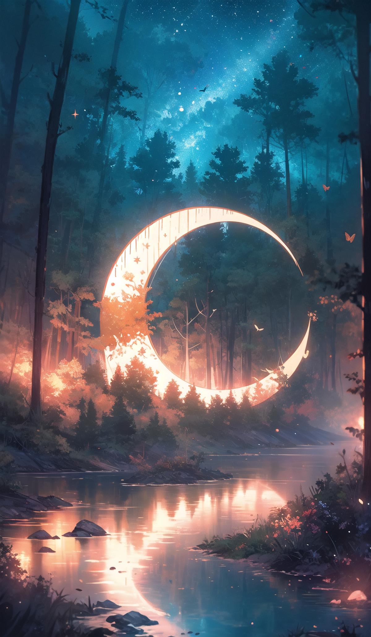 Artistic Illustration of a Full Moon Over a Forest at Night