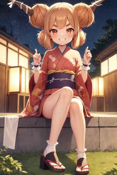 1girl, solo,  ibuki suika, horns, double bun, thick eyebrows, wrist cuffs, kimono, sitting, looking at viewer, grin, outdoors, night  <lora:suika:1>