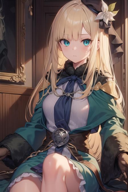 fgoreines, <lyco:reines-lyco-nochekaiser:1>,
reines, blonde hair, (green eyes:1.5), long hair, bangs, blunt bangs, (small breast:1.2),
BREAK beret, black headwear, black ribbon, blue dress, brown gloves, dress, flower, fur collar, fur trim, fur-trimmed sleeves, gloves, hair flower, hair ornament, hair ribbon, hat, long sleeves, ribbon, rose, tilted headwear, white flower, white rose,
BREAK looking at viewer,
BREAK indoors,
BREAK <lyco:GoodHands-beta2:1>, (masterpiece:1.2), best quality, high resolution, unity 8k wallpaper, (illustration:0.8), (beautiful detailed eyes:1.6), extremely detailed face, perfect lighting, extremely detailed CG, (perfect hands, perfect anatomy),