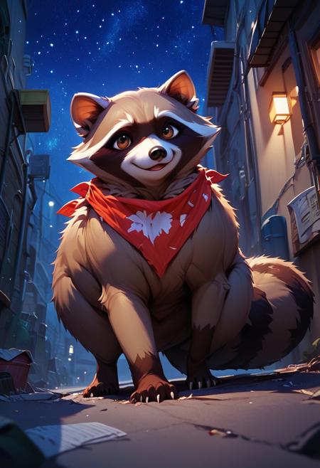 score_9, score_8_up, score_7_up, fl00ffymadn3ss, an illustration of a raccoon in a trashcan, animal, brown eyes. wearing a bandana, roguish, raccoon, trashcan, alley, night, starry sky, intricate details, highly detailed, epic atmosphere, cinematic composition, adventurous,