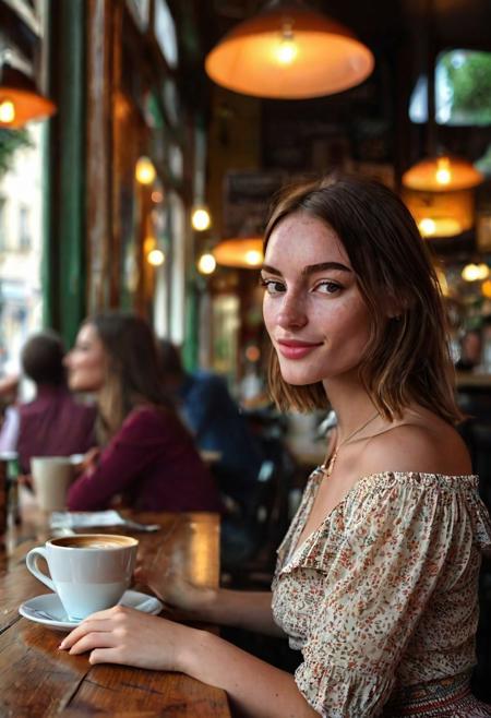 portrait, close up, cute face, side view, beautiful,8K RAW photograph, side view , woman, head turned to look at viewer, smile, smiling, 
21 years old, (face focus, eye focus), petite model Bombshell, freckles, big lustful dark eyes, looking at viewer, petite slender body, narrow waist, detailed skin, medium pointy breasts, cute ass, hippy vibes, hipster, cute, sexy, detailed face, beautiful, provocative shirt , micro skirt, sitting at a table in an old cafe in Paris, cup of coffee, side view,  looking playful at viewer, cleavage, large thick nipples,Cinematic composition,petite body, small breasts, beautiful legs, realistic soft skin, looking at viewer, Cinematic, contrast, high contrast, (very detailed eyes,detailed lips,detailed face,cute,pretty, blush), perfect hands and fingers, detailed fingers