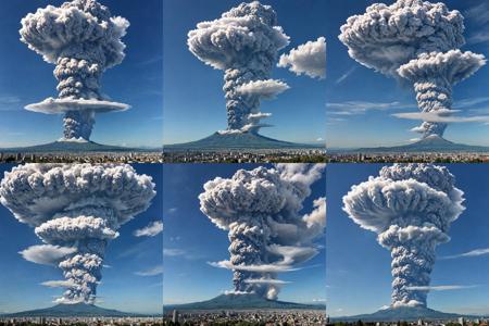 a volcano is having a large plinian eruption at the top of a distant mountain, ash clouds, dark clouds, white clouds, a mushroom cloud