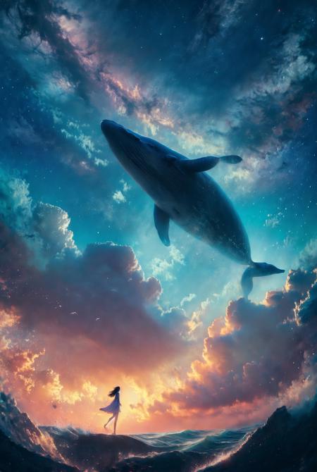 xuer Big whale, 1girl, whale, sky, long hair, star \(sky\), solo, dress, standing, starry sky, cloud, scenery, oversized animal, blue theme, night, outdoors, light particles, night sky, wide shot
<lora:~Q?-| xuer Big whale:0.8>