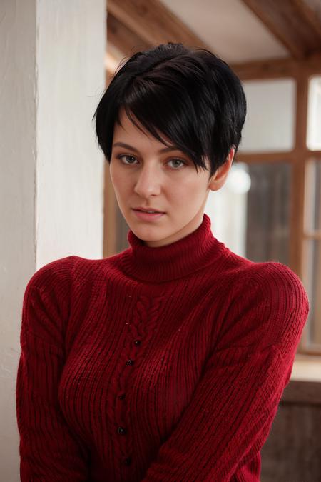 <lora:EmyliaArgan:1> emyliaargan, woman, short black hair, upper body, red sweater, realistic,, intricate details, hyperdetailed, cinematic, realistic, masterpiece