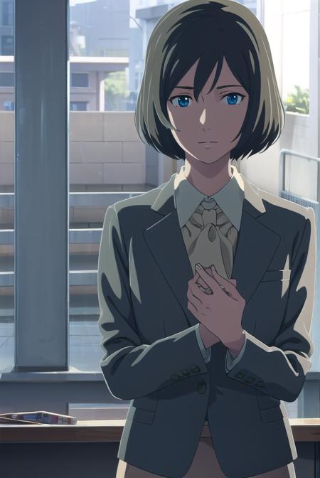 yukariyukino, <lora:yukari yukino movie-lora-nochekaiser:1>,
yukari yukino, short hair, black hair, blue eyes, hair between eyes, smile
BREAK shirt, collared shirt, white shirt, ascot, blazer, peach blazer, skirt, pencil skirt,
BREAK indoors, classroom,
BREAK looking at viewer, (cowboy shot:1.5),
BREAK <lyco:GoodHands-beta2:1>, (masterpiece:1.2), best quality, high resolution, unity 8k wallpaper, (illustration:0.8), (beautiful detailed eyes:1.6), extremely detailed face, perfect lighting, extremely detailed CG, (perfect hands, perfect anatomy),