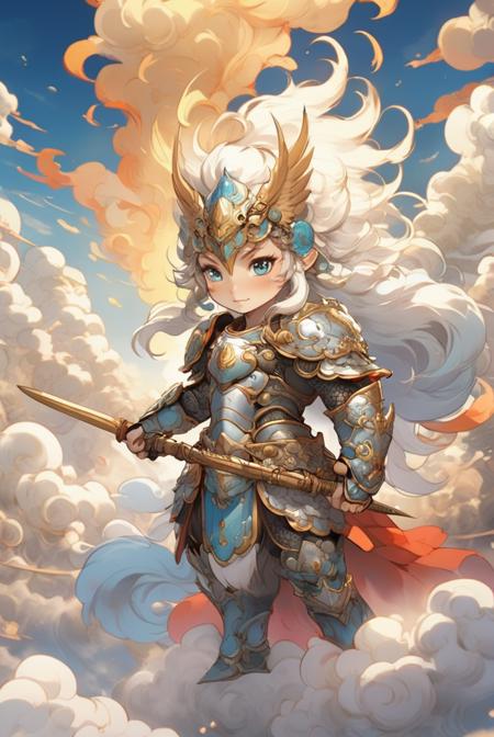 valkyrie, war of god, spear, circle of sword behind, ,mythical clouds, colourfull, shiny silver armor, detailed face, cute cartoon
 <lora:sdxl_mythicalclouds:0.65>