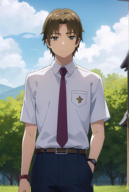 atsumumatsuyuki, <lora:atsumu matsuyuki s1-lora-nochekaiser:1>,
atsumu matsuyuki, brown hair, (brown eyes:1.3), male focus,
BREAK shirt, school uniform, white shirt, short sleeves, necktie, collared shirt, belt, pants, red necktie, watch, wristwatch,
BREAK outdoors, house, fields, grass, sky, sun, clouds,
BREAK looking at viewer, (cowboy shot:1.5),
BREAK <lyco:GoodHands-beta2:1>, (masterpiece:1.2), best quality, high resolution, unity 8k wallpaper, (illustration:0.8), (beautiful detailed eyes:1.6), extremely detailed face, perfect lighting, extremely detailed CG, (perfect hands, perfect anatomy),