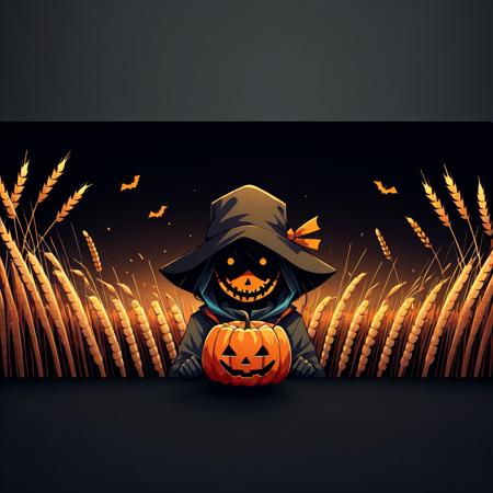 (masterpiece, best quality:1.15), (horizontal banner:1.1), Scarecrow, wheat, halloween, stacked,luminous, simple background, gradient background