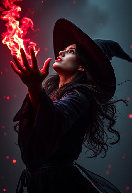 A cinematic 3/4 shot of a female, nice witch, powerful spells and patterns and flames emerging from her hand, layered red and purple lines. She is flying in the air and looking up at the sky, enjoying her power. Use subtle red starburst and bokeh elements, with enhanced volumetric lighting to create a vibrant, high-contrast scene. Ensure the image maintains a surreal, emotionally impactful atmosphere in 8k resolution with intricate skin texturing. Angry. Ultrarealistic. absurdres.