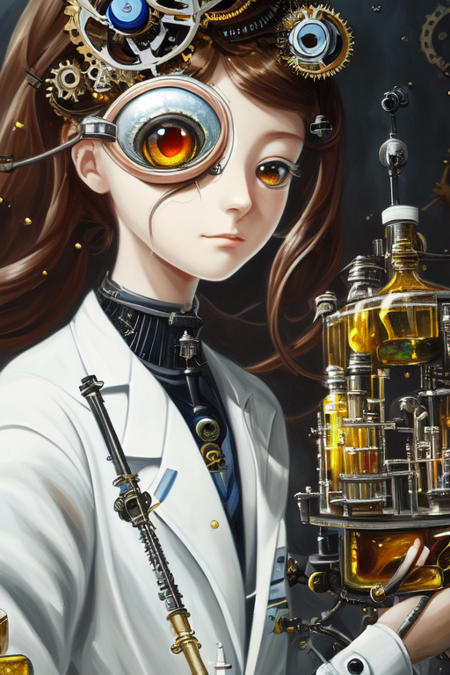 highly detailed, wallpaper, (oil painting:1.4), anime,
A genius girl's scientist with a mechanical prosthetic eye,
close shot, in laboratory, white coat fluttering in the wind, standing, veracity,
Mysterious, steampunk,