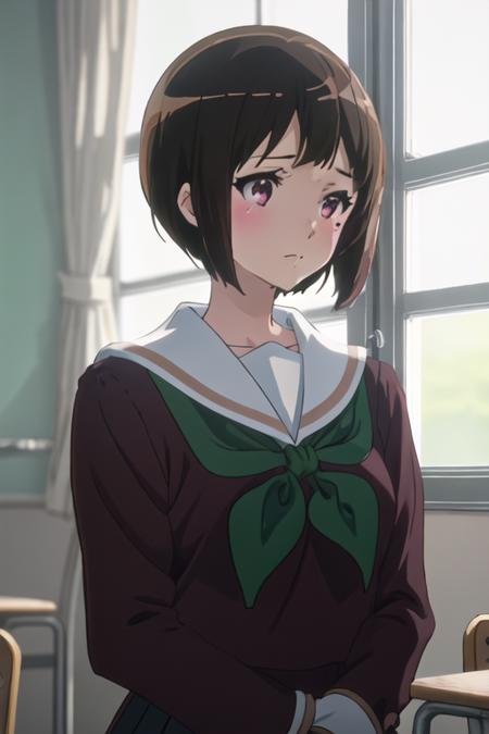 best quality, masterpiece, highres, solo, {nakaseko_kaori_soundeuphonium:1.15}, short_hair, brown_hair, serafuku, mole, mole_under_eye, blush, red_eyes, bangs, blurry, 1girl, anime_coloring, brown_shirt, indoors, instrument, kitauji_high_school_uniform, neckerchief, sailor_collar, school_uniform, white_sailor_collar, green_neckerchief, upper_body, shirt