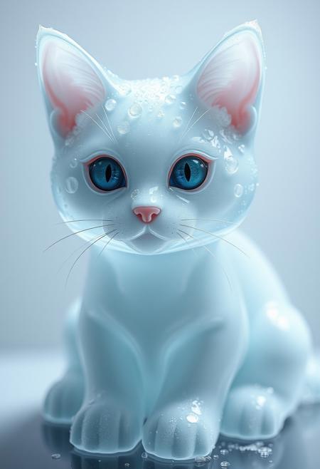 "Create a photorealistic image of a cat made entirely out of dishwashing soap, with intricate details and textures that capture the soap's translucent and bubbly nature. The cat's body should be rendered in exquisite detail, with visible soap bubbles and a subtle sheen that suggests moisture. The soap should be colored in a soft, pastel hue, with a subtle gradient that gives the impression of depth and dimension. The cat's eyes should be bright and shiny, with a subtle sparkle that suggests soap suds. The overall effect should be one of whimsical, playful wonder, as if the cat is a living, breathing embodiment of soap and water." Highest-Quality, 4k, intricate details, visually stunning, Masterpiece