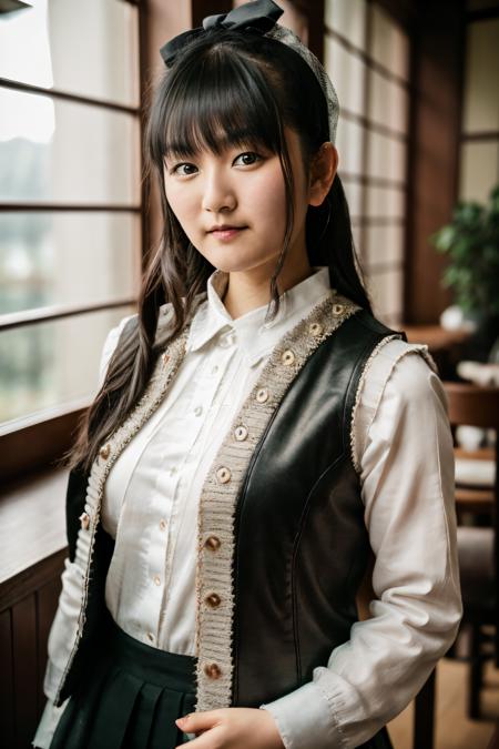 RAW photo of sumetal, Knit Vest at Tea Room, (high detailed skin:1.2), 8k uhd, dslr, soft lighting, high quality, film grain, Fujifilm XT3, <lora:sumetal:1>