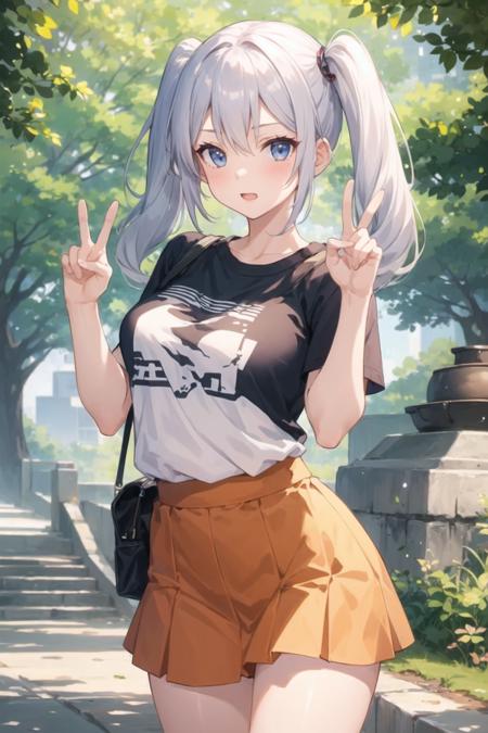 1girl, cowboy shot, standing, park, nature, twintails, t-shirt, skirt, short sleeves, outdoors, peace sign