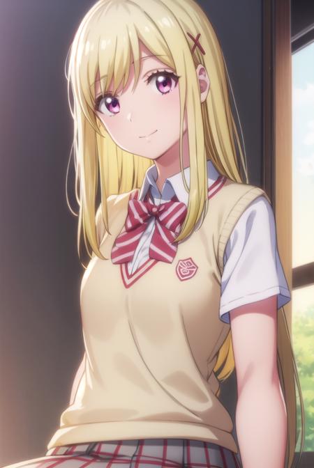 urarashiraishi, <lora:urara shiraishi s1-lora-nochekaiser:1>,
urara shiraishi, long hair, blonde hair, (pink eyes:1.3), hair clip, x hair ornament, smile,
BREAK skirt, bow, school uniform, jacket, plaid, plaid skirt, sweater vest, shirt, white shirt, collared shirt,
BREAK indoors, classroom,
BREAK looking at viewer,
BREAK <lyco:GoodHands-beta2:1>, (masterpiece:1.2), best quality, high resolution, unity 8k wallpaper, (illustration:0.8), (beautiful detailed eyes:1.6), extremely detailed face, perfect lighting, extremely detailed CG, (perfect hands, perfect anatomy),