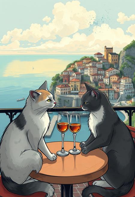 A digital illustration of two cats enjoying an afternoon aperativo beverage. They sit casually at a table which overlooks the a small sea-side cyberpunk town inspired by the italian coastline of Cinque terre. the atmosphere is friendly and intimate. Neither companions feel the need to converse, instead, enjoy each other's company and the incredible vista before them.,ink splats