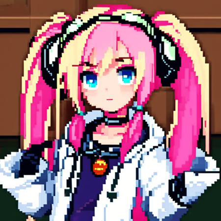 <lora:pixelart-08:0.9>pixelart  1girl, looking at viewer, blue eyes, blonde hair, gloves, twintails, pink hair, multicolored hair, choker, hood, two-tone hair, short twintails, goggles, labcoat, green gloves