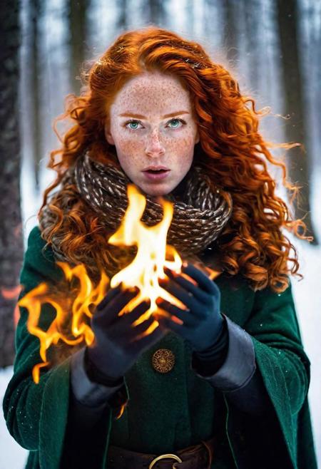 Scandinavian woman in snowy forest, burning hands, breathing fire from mouth,  smoke from nostrils, glowing eyes, magic fire, fire powers, dramatic light, high contrast shadows, creating fire, 
a woman with pyrokinetic powers, in snow storm,( freckles:1.5), green eyes, ginger hair, big curls, looking at viewer, wearing superhero outfit, wrapped in fire, infernal fire melting snow, 
outside medium full shot, dutch angle, twisted view,
cinematic, detailed textures, bokeh, natural lighting, 4k uhd, dslr, soft lighting, high quality, Fujifilm XT3