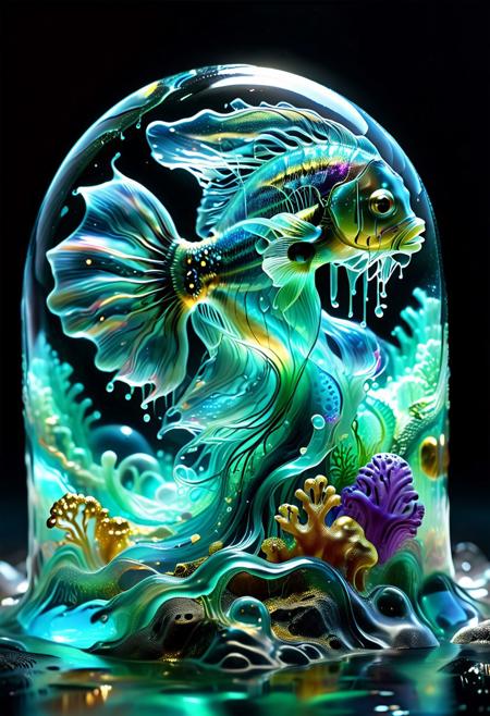 An ethereal, bioluminescent pony drifts weightlessly through the abyss of an alien ocean, its entire body a swirling vortex of luminous jelly. Its mane flows like liquid stardust, Liquid Marble, Golden abstract modern , illumination product promotion render octan  close-up masterpeace random objects scene,  with  high contrast 4k, sharp, very detailed, high resolution
 stone object     shade  with  marble  gold dark  sea  creature 
betta fish boulder opal coral sharp,  wavy modern sparckles swirl gold  fluid art stone object shade with marble  pulsating in mesmerizing waves of glowing turquoise, violet, and deep-sea green. The ocean around it is a haunting void filled with ghostly, phosphorescent lifeforms—strange, transparent fish with fluid bodies, gelatinous tendrils stretching like living currents, and massive, glowing jelly structures that sway hypnotically. Tiny bubbles float upward, refracting light into countless colors. The ocean floor below is an eerie alien landscape, dotted with coral-like structures that pulse and shift like living creatures. The entire composition is ultra-detailed, a surreal mix of deep-sea mystery and dreamlike wonder