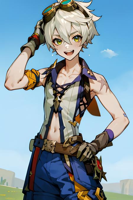 benny, solo, looking at viewer, smile, open mouth, gloves, 1boy, navel, male focus, shorts, teeth, sleeveless, belt, hand on hip, scar, goggles, blue shorts, goggles on head, bandaid on face, vision (genshin impact), bandaid on nose, scar on arm, bandaid on arm, outdoors, sky, trees,