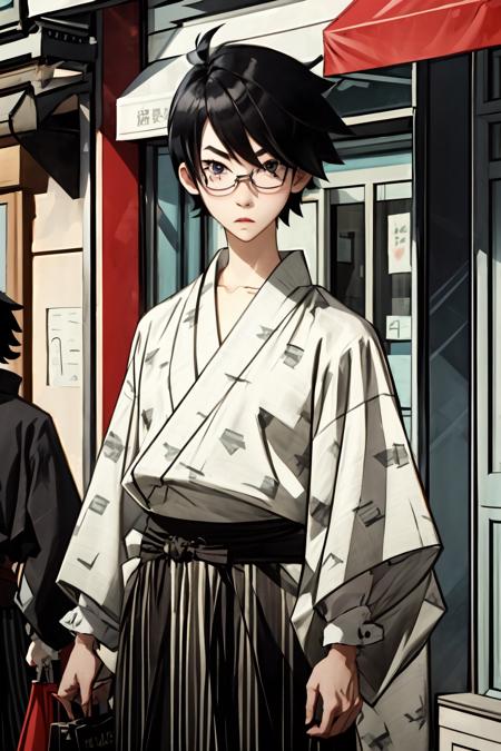 (masterpiece:1.2), ultra detailed,  <lora:ItoshikiNozomu:0.8>, Itoshiki, glasses, hakama, kimono, street, shops, bag, terror, sad, shaded face, best quality, looking at the viewer, <lora:Adddetail:0.6>, looking at the viewer