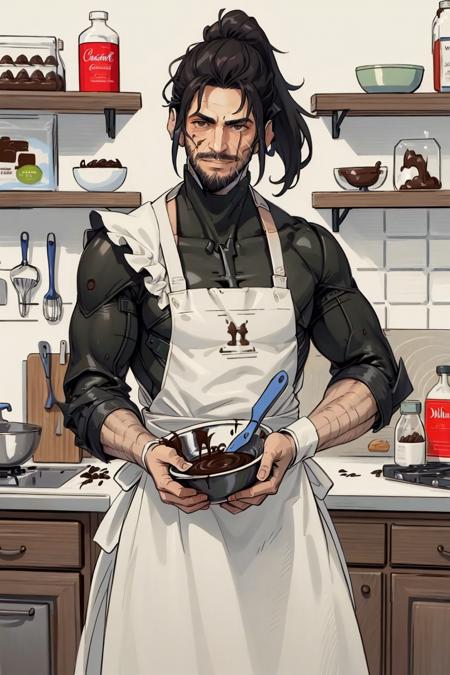 IncrsChocoMaker whisk, apron, food on face, kitchen, chocolate on body