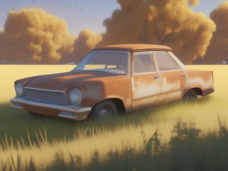 epic cinematic landscape Rusty car in a field, tall grass, hyperdetailed   <lora:SDXL Cartoon Background:1>toonbg_background