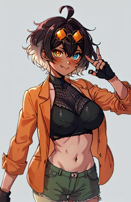 Mari_Nanjo, short hair, blue eyes, large breasts, brown hair, gloves, navel, jacket, ahoge, multicolored hair, shorts, black gloves, fang, midriff, fingerless gloves, orange eyes, heterochromia, sunglasses, black nails, orange-tinted eyewear