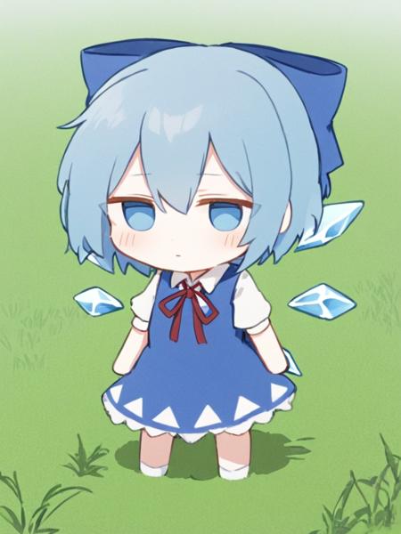 <lora:çªé²è¯º:1>,1girl, solo, blue_hair, cirno, chibi, bow, blue_eyes, dress, blue_bow, hair_bow, blue_dress, short_hair, short_sleeves, ribbon, red_ribbon, closed_mouth, hair_between_eyes, neck_ribbon, bangs, white_shirt, shirt, full_body, grass, wings, ice_wings, outdoors, collared_shirt