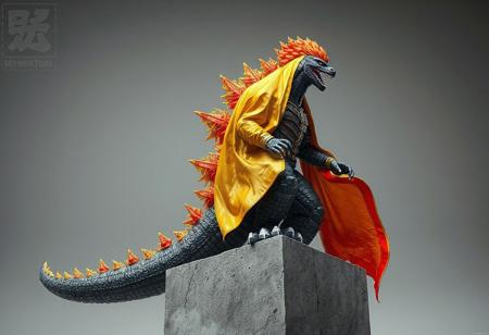 "Featured on Artstation, this 2019 myminifactory creation showcases a Mecha-inspired Godzilla, sitting atop a cement block, draped in golden oil and vibrant, gradient glass art (yellow to red), inspired by Uragami Gyokudō and Tōichi Katō. The character, with spiky orange hair, stands in a dynamic action pose. The high-res, 4K artwork boasts vivid emotions, sharp lines, stunning colors, and lifelike details. Rendered with Octane and Unreal Engine 5, it showcases captivating lighting, intricate details, and a powerful message. Trending on Artstation, this cinematic, hyperrealistic oil on canvas painting excels in photo realism, with 8K detail post-processing."
