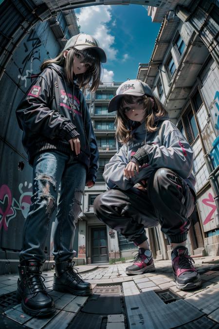 <lora:low_angle_human:0.9>, low_angle_human, from below, 2girls, fisheye, rap album cover, squatting, urban, graffiti,