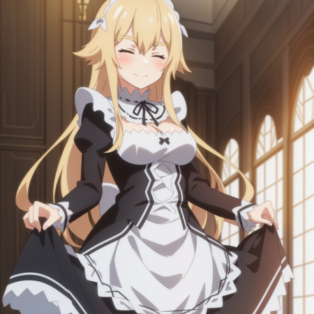 <lora:Frederica:1>,
anime screencap,
1girl, roswaal mansion maid uniform, solo, blonde hair, long hair, maid, closed eyes, skirt hold, cleavage, smile, black ribbon, indoors, hair between eyes, maid headdress, standing, skirt, curtsey, medium breasts, enmaided, white apron, long sleeves, apron,black skirt,