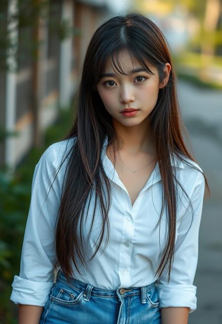 (Soft Lighting Photography by Mario Giacomelli:1.2), , NSFW, asian girl, (((white shirt, blue jean shorts))), outdoor, (masterpiece),((ultra-detailed)), (highly detailed CG illustration),(expressionless), (best quality:1.2),(1girl:1.2),High quality texture, intricate details, detailed texture, High quality shadow, brown eye pupil, depth of field, perspective, blush, perfect body, lean body, (narrow waist:1.3), sexy, distinct_image, (lustrous skin), solo focus, (brown hair), (streaked hair), ((long hair)),