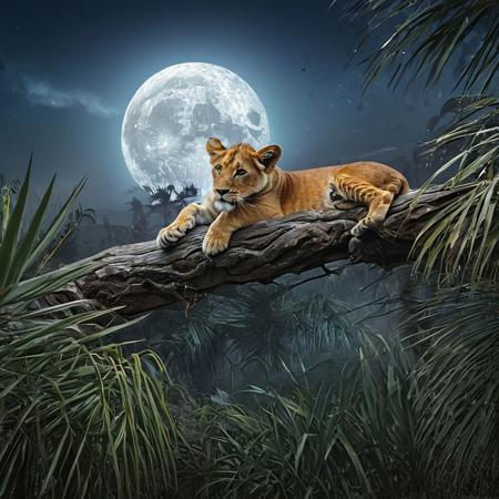 lion cub lying on a tree branch
double exposure, 
palm trees, 
fog, 
beautiful night landscape with a full moon, 
concept art in a surreal and fantasy setting, 
combining the artistic styles of Jose Royo, 
Boris Vallejo, 
with high detail, 
hyperrealism. The 8k image, 
created in the impressionist style influenced by the works of Carne Griffiths, 
Russ Mills, 
Mark Demsteder, 
Andreas Lee, 
Vadim Kashin, 
Degas, 
Monet, 
is distinguished by the precision and beauty of anatomy, 
symmetrical composition in the center, 
three-dimensional lighting, 
rays, 
bright color reflections., 
clarity, 
the best result in the field of visualization, 
the best result in the field of a very beautiful face, 
Gothic style. style, 
shades, 
divine presence, 
cinematic quality, 
clear focus, 
studio shooting, 
16K UHD resolution, 
masterpiece ultrarealism, 
masterpiece detail, 
dynamic composition, 
hyperrealism, 
masterpiece hyperrealism