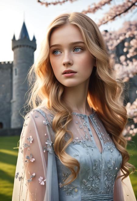 (18 years old Irish woman), looking away, wearing transparent dress, golden blonde flowing glamour hair,(grey eyes), beautiful face, detailed hands BREAK looking on flying butterfly, (white mists), (pink dust), Cherry Blossoms garden BREAK mysterious, realistic lighting, beautiful  irish castle on background BREAK ((best quality)),((masterpiece)),ultra detailed background,