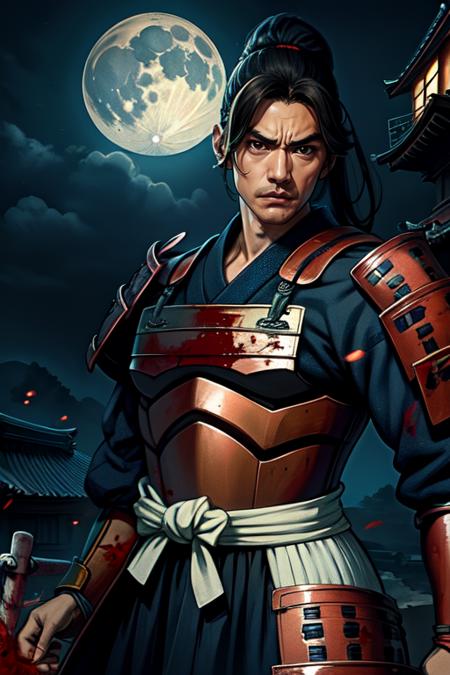 Samanosuke,black eyes, brown eyes, ponytail, 
red japanese armor , blood on armor, serious, 
standing,solo,  upper body,  cowboy shot,   sword, 
Japanese building, nighttime,moon,Sengoku period, 
(insanely detailed, beautiful detailed face, masterpiece, best quality) 
 <lora:Samanosuke:0.8>