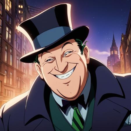 anime artwork of  <lora:Oswald Cobblepot:1.2>
Oswald Cobblepot a man with a big smile on his face in Gotham city universe, anime style, key visual, vibrant, studio anime,  highly detailed