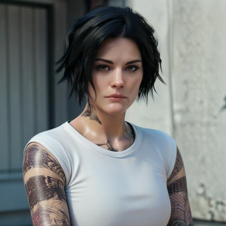 blindjane black hair, short hair, brown eyes, tattoo, arm tattoo, neck tattoo