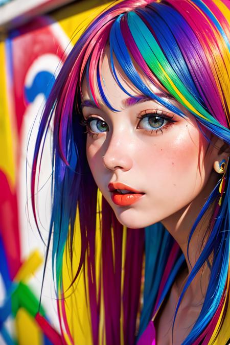 masterpiece, best quality, (realistic, highly detailed), (medium shot, dynamic angle, 1girl, vivid colors), (depth of field:1.3), graffiti art background