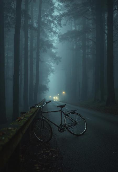 foggy forest road in deep königsblau tones — narrow path winding through tall, shadowy trees, their silhouettes blurred by thick mist. The air is dense and quiet, filled with soft ambient light filtering through branches. Wet asphalt reflects the faint glow of distant lamps. An old bicycle lies gently against a mossy guardrail, forgotten. Leaves drift slowly through the air. Perfect for a slow dolly motion — moody atmosphere, cinematic depth, soft focus layers, melancholic and intimate, One Heart style, 4K, ultra-detailed, emotional silence, soft blue haze.
