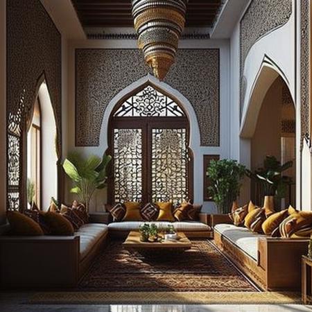 <lyco:Arabic_style_interior_design_Sa_May:1.0> arabic house, arabesque, inside, ornaments, arabic letters, arabic calligraphy, living room, decoration, furniture, windows, decoration plants, high walls