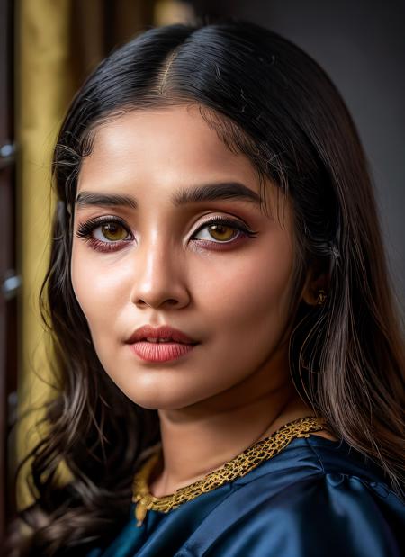 portrait of skswoman, surprise , wearing haute couture garments , with yellow Curtain bangs , background gothic epic (photo, studio lighting, hard light, sony a7, 50 mm, matte skin, pores, colors, hyperdetailed, hyperrealistic), <lyco:Anikha Surendran:1.1>