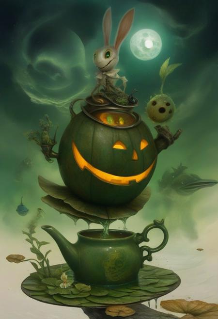 A clockwork meadow where rabbits with mechanical gears instead of bones hop between flowers blooming into tiny tornadoes. Overhead, a sentient moon shaped like a grinning jack-o’-lantern casts green light on a teapot that floats mid-air, pouring rivers of liquid stardust into a pond of liquid mirrors.
surreal00d