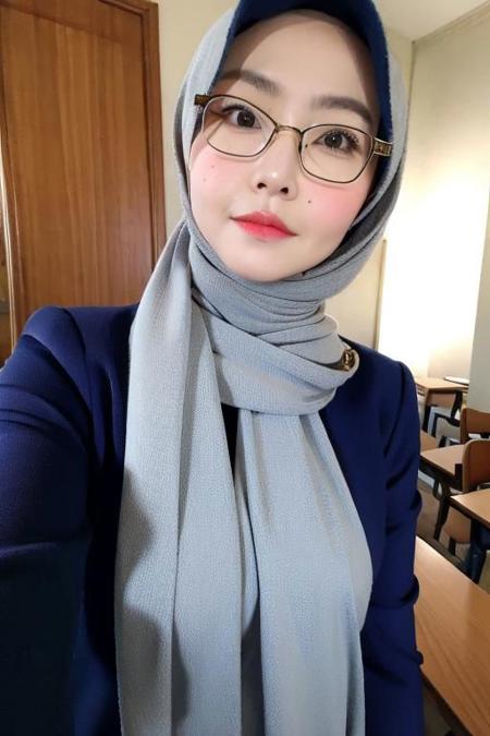 (masterpiece), (high quality, best quality, realistic, expressive eyes), classroom, (upper body), 1girl, mature female, mole under mouth, hijab, dress, glasses, selfie