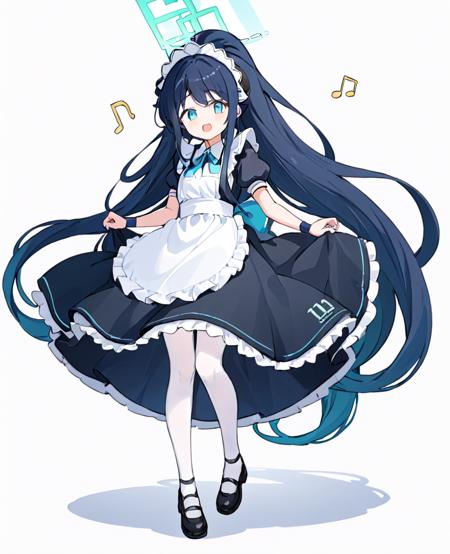 breathtaking,aris \(blue archive\), absurdly long hair,big hair,(short hair:-2),1girl, halo, solo, maid headdress, white background, full body, maid apron, enmaided, short sleeves, shoes, simple background, musical note, holding, open mouth, singing, black footwear, black dress, white apron, puffy sleeves, white pantyhose, ponytail, standing, frilled apron, :d,
, <lora:Arisu_v3-000040:1>     . gorgeous,key visual, vibrant, studio anime,award-winning, professional, highly detailed,high budget, cinemascope