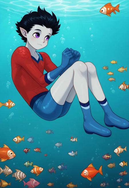 Aqualad, Black Hair, Purple eyes  Year One, Grey Skin, Pointy Ears Red Shirt Red Scale Shirt  Blue Pants Blue Speedo, Blue Shorts, Male Swimwear Blue Gloves, Blue Boots