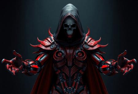 "A hyperdetailed 3D rendering of a mysterious and grimdark character, predominantly red with a black hood adorned with a skull, symbolizing danger and power. The character’s body is a complex assembly of mechanical parts, blending organic and synthetic elements, featuring a grid-like pattern for depth and complexity. The character’s arms are outstretched, with an intense gaze, creating a sense of anticipation and readiness. The dark Temple of the Mind’s Eye background accentuates the character, drawing focus. Rendered in Unreal Engine 5, with 8K resolution, lifelike details, sharp lines, and stunning, harmonious colors. The composition is impeccable, with captivating lighting, balanced editing, and a creative angle, trending on ArtStation, CGSociety, and ArtStationHQ. Inspired by the styles of Raphael, Houdini, and Grammer Effect, with vivid emotions and a powerful message. The character’s design showcases handcrafted precision and a sense of otherworldly menace, evoking a dark, high-stakes atmosphere. Grace Kelly’s colored pencil marks add a unique, intricate touch to the image, enhancing its visual appeal."