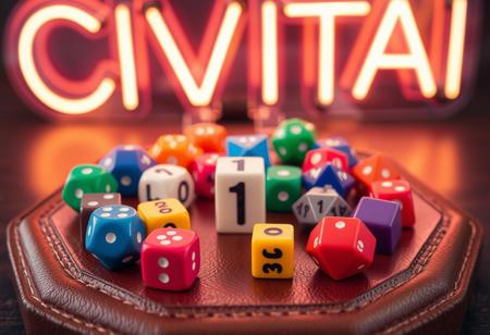 Many colorful polyhedral dice show the number "1" on a hexagonal leather dice tray. A neon sign reads "CIVITAI" above.