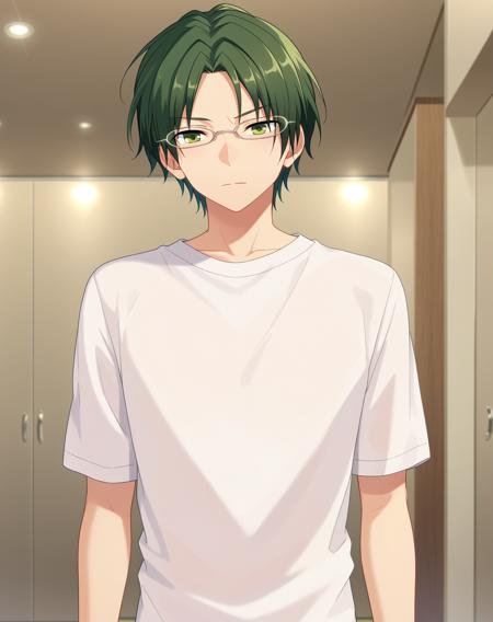 hasumi_keito_pony, green hair, green eyes, short hair, parted bangs, glasses