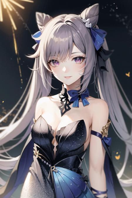 (Realistic painting style:1.1), masterpiece, best quality,  absurdres, looking at viewer, solo, keqing (opulent splendor) (genshin impact), keqing (genshin impact), official alternate costume, dress, cone hair bun, night, strapless dress, long hair, cleavage, black dress, hair bun, strapless, bare shoulders, purple hair, bangs, bow, detached collar, purple eyes, diamond-shaped pupils, ribbon, double bun, twintails, two-tone dress, medium breasts, hair ornament, black bow, blue butterfly, hair ribbon, blue dress, bowtie, hair between eyes, outdoor, night, firework, smile